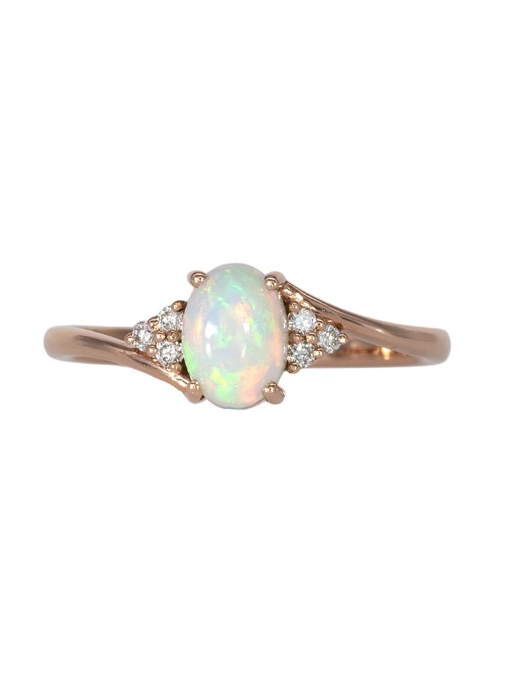 Ethiopian Oval Cabochon Opal Ring with Natural Diamond Accents in 14K Rose Gold